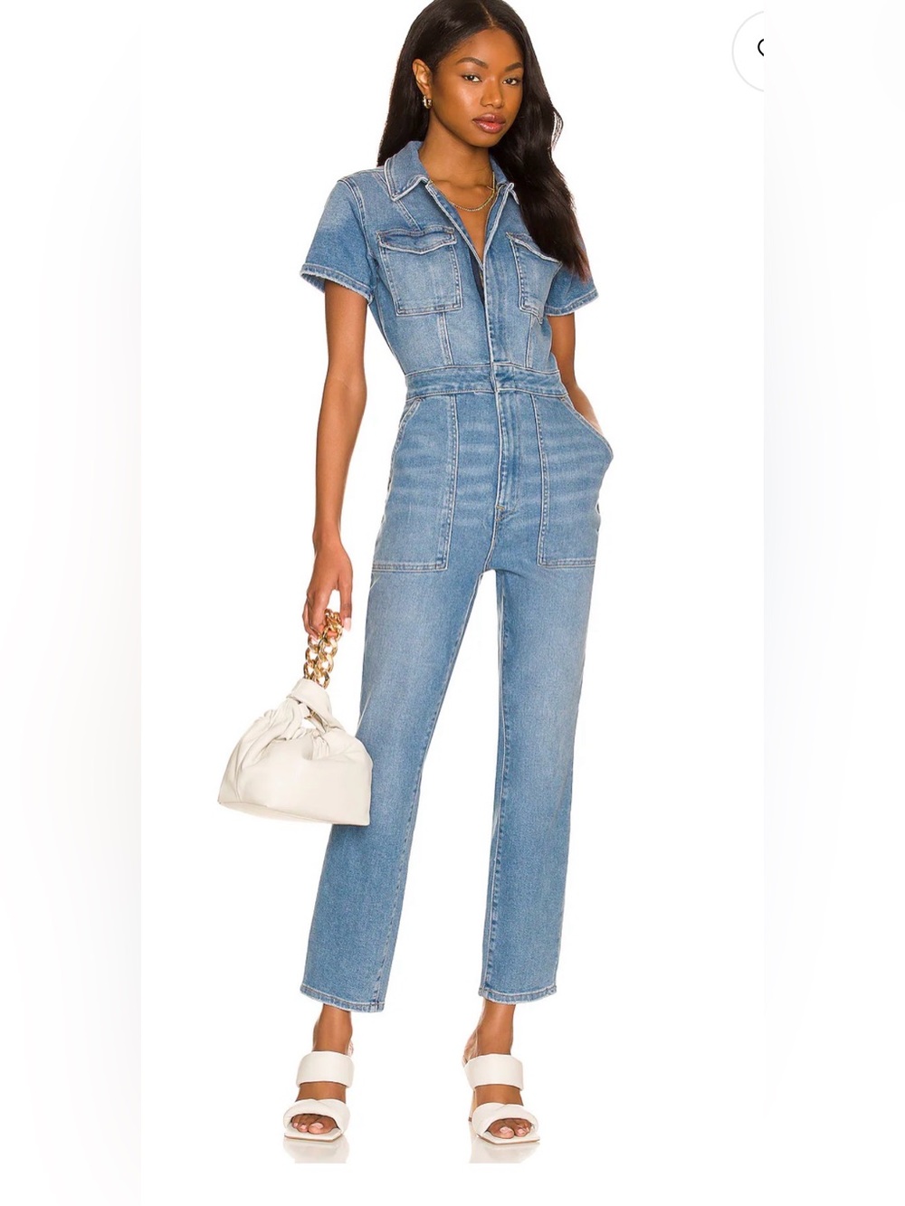 Good American Light Blue Denim Short-Sleeve Jumpsuit